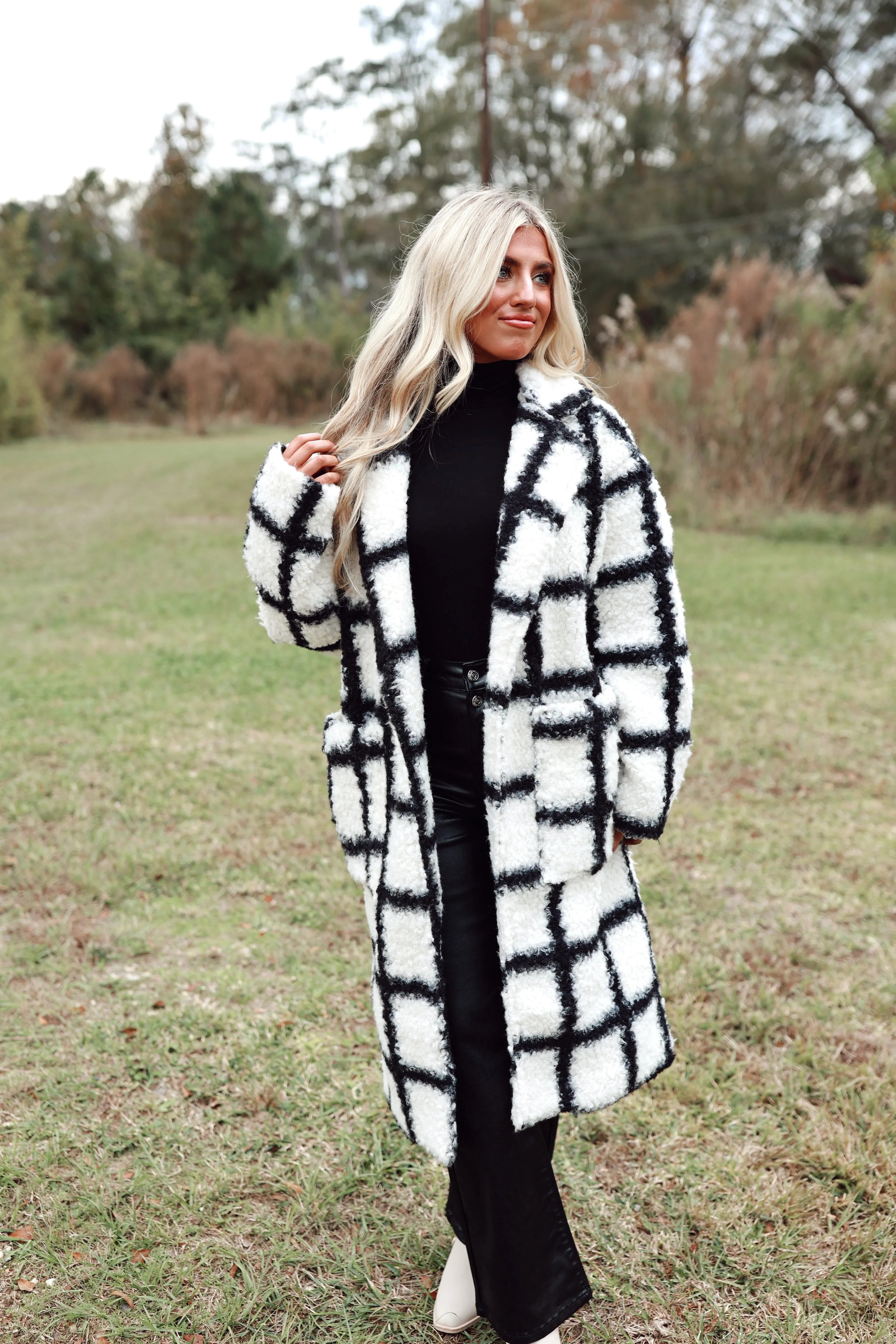 Black & White Plaid Teddy Long Coat