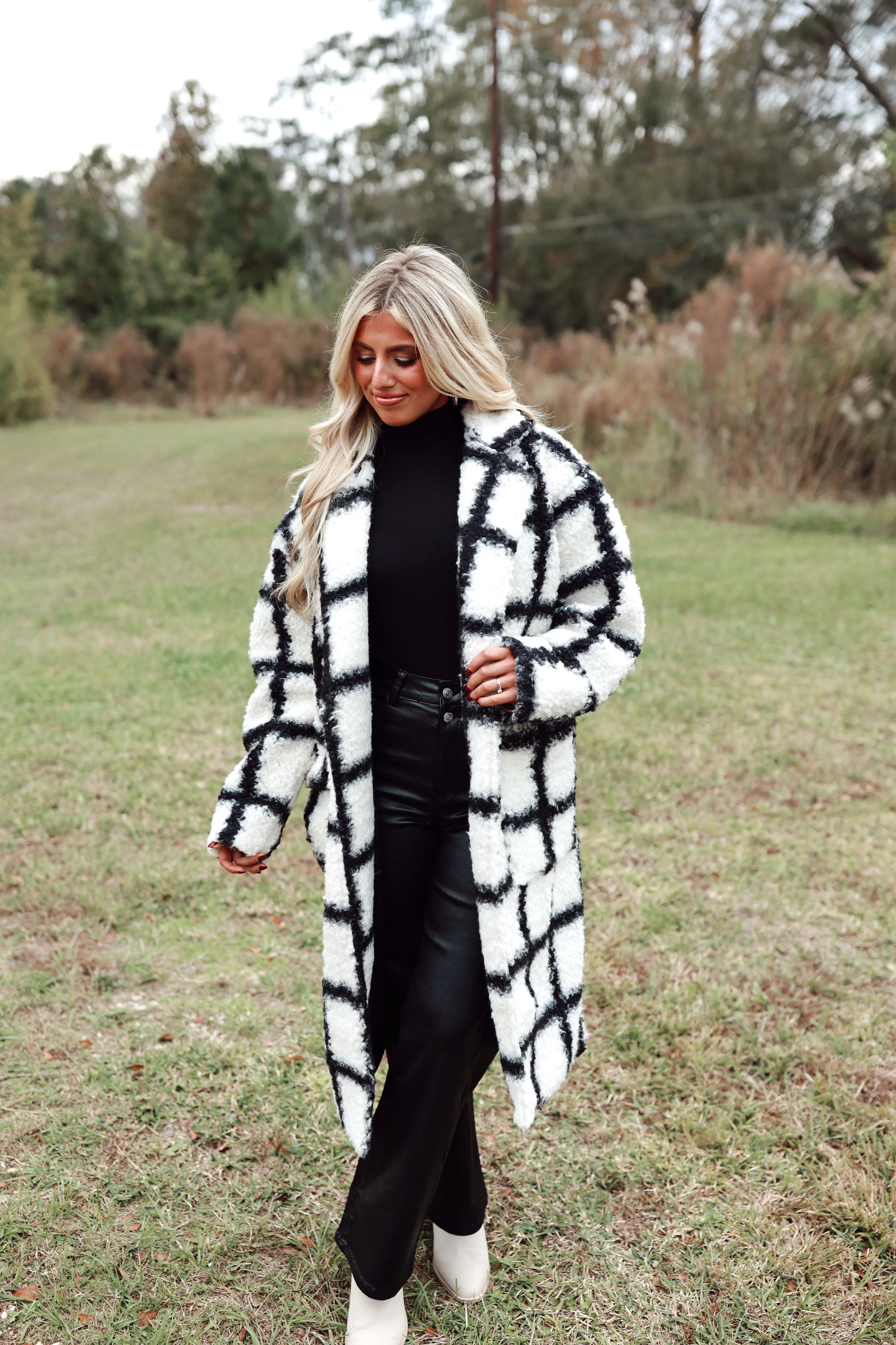 Black & White Plaid Teddy Long Coat