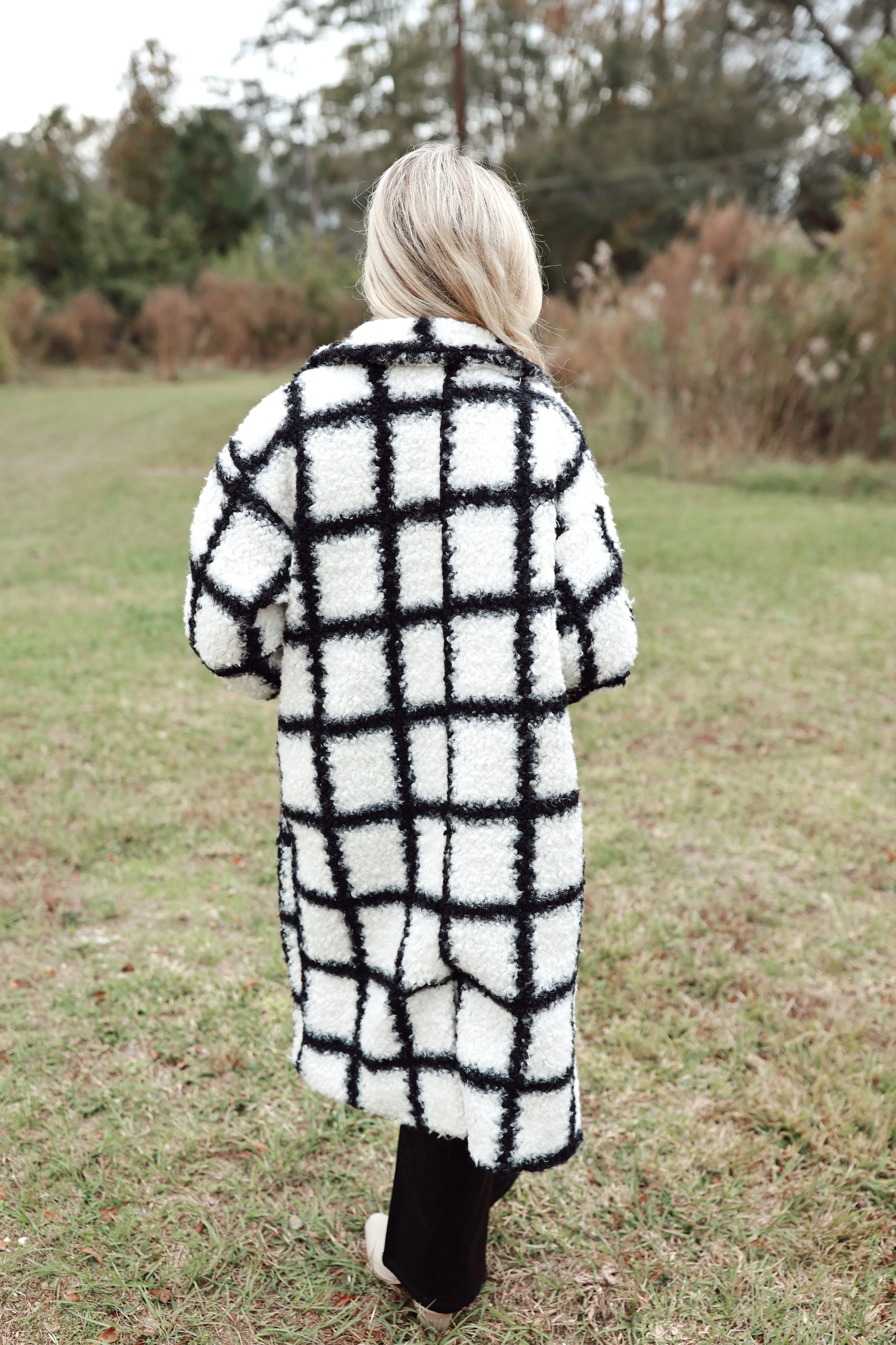 Black & White Plaid Teddy Long Coat