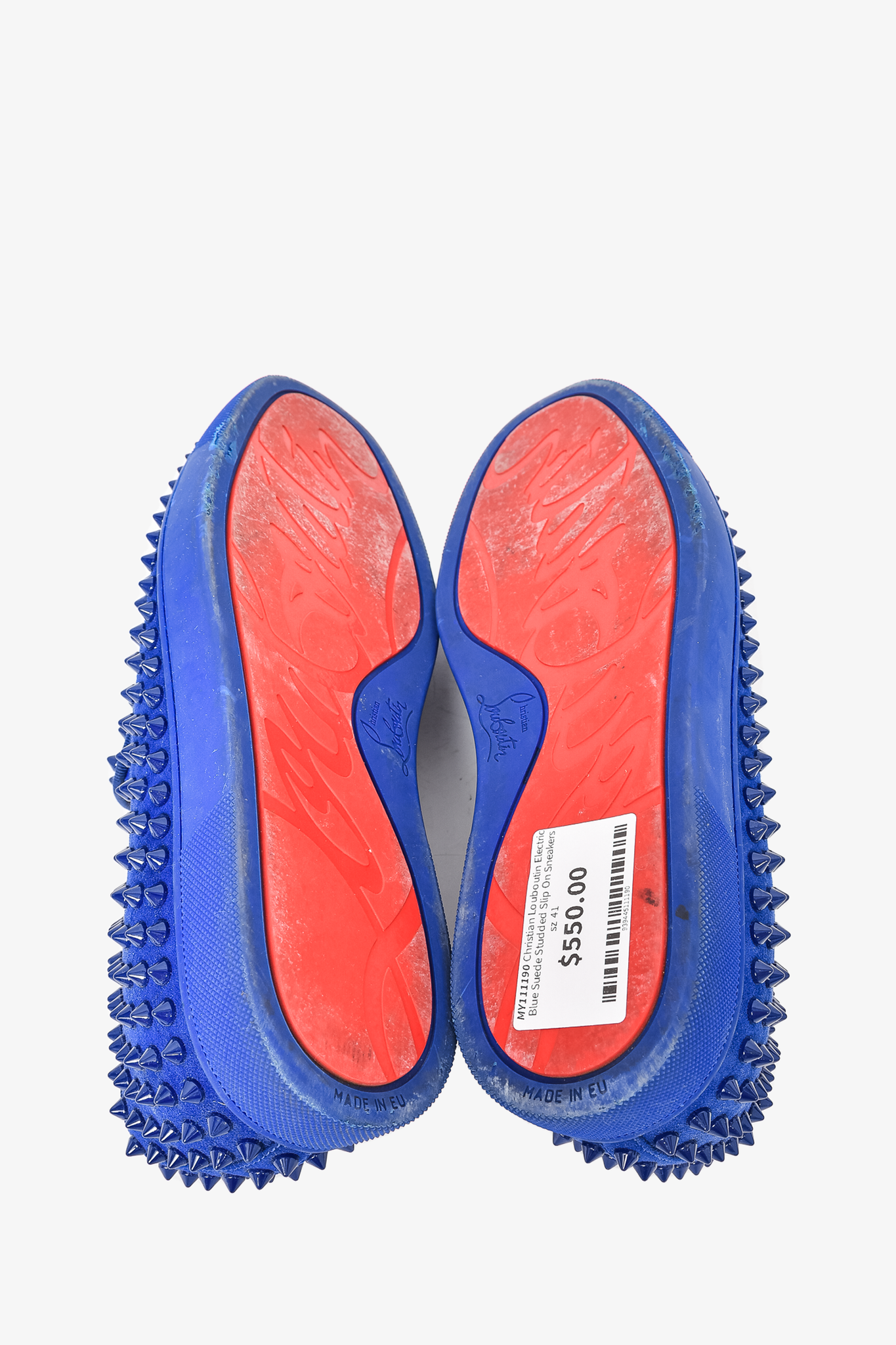 Christian Louboutin Electric Blue Suede Studded Slip On Sneakers sz 41