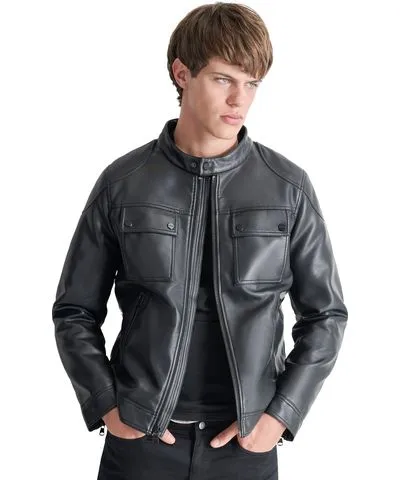 DKNY Men's Faux-Leather Removable Hood Moto Jacket