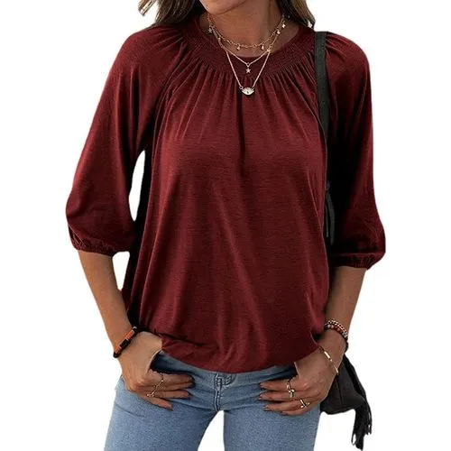 Elegant Solid Color Polyester Round Neck Long Sleeve Regular Sleeve T-shirt