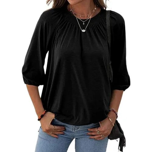 Elegant Solid Color Polyester Round Neck Long Sleeve Regular Sleeve T-shirt