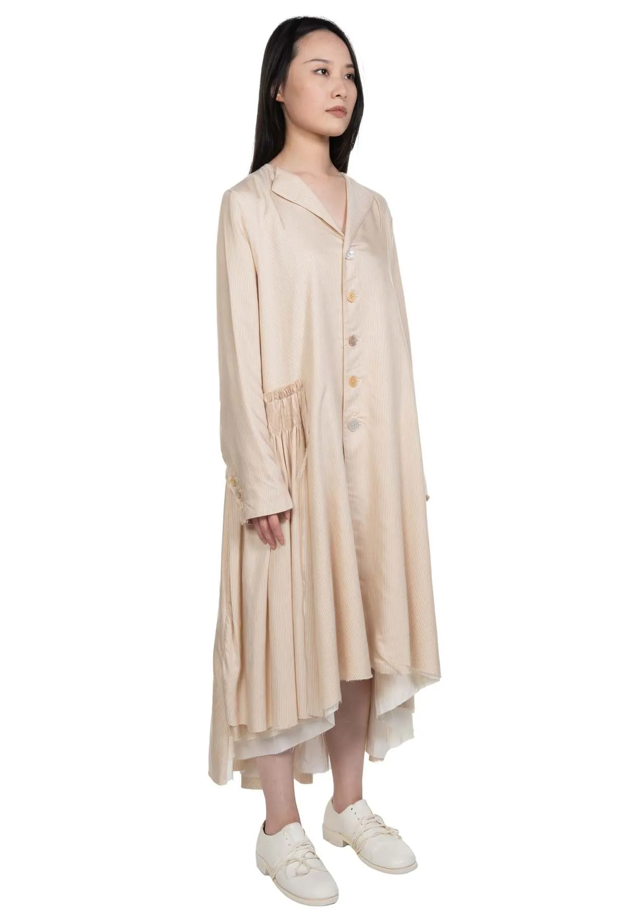 Long Flared Smocking Stripe Coat - Ivory