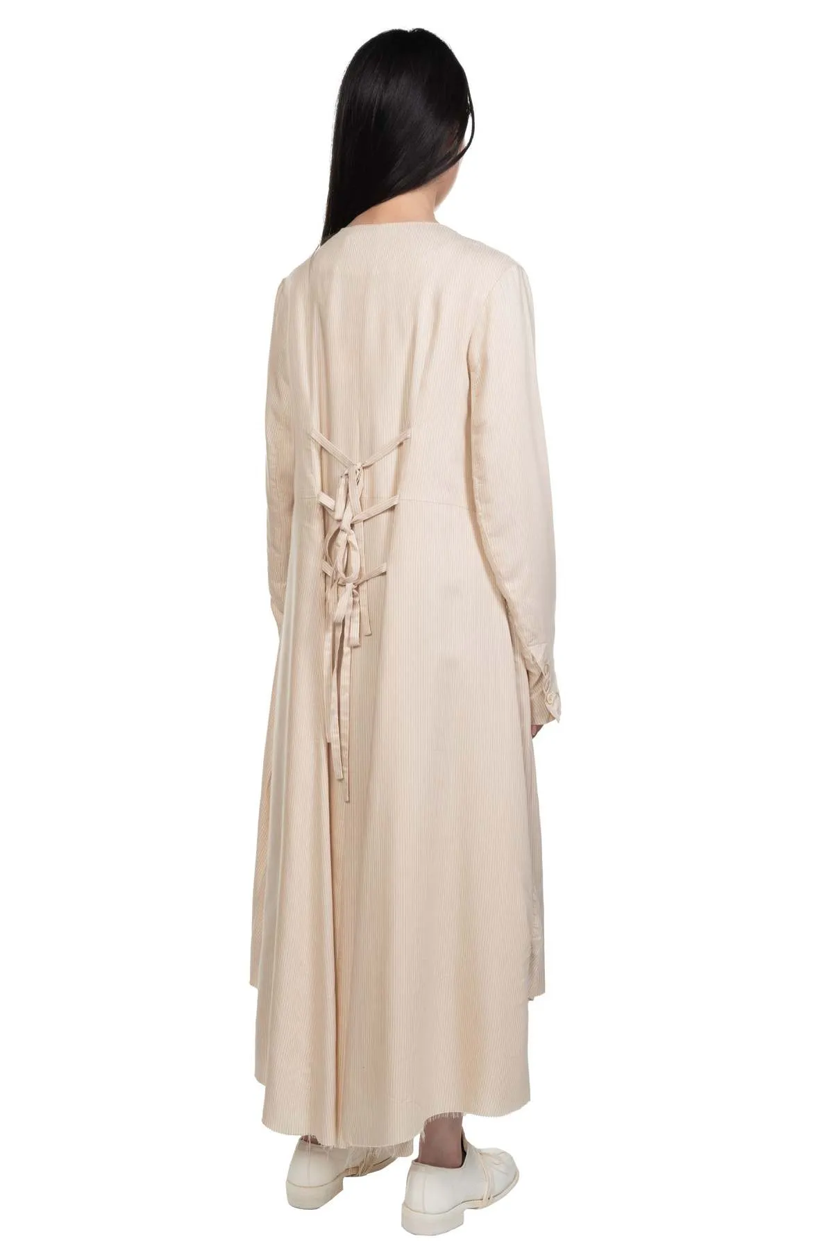 Long Flared Smocking Stripe Coat - Ivory