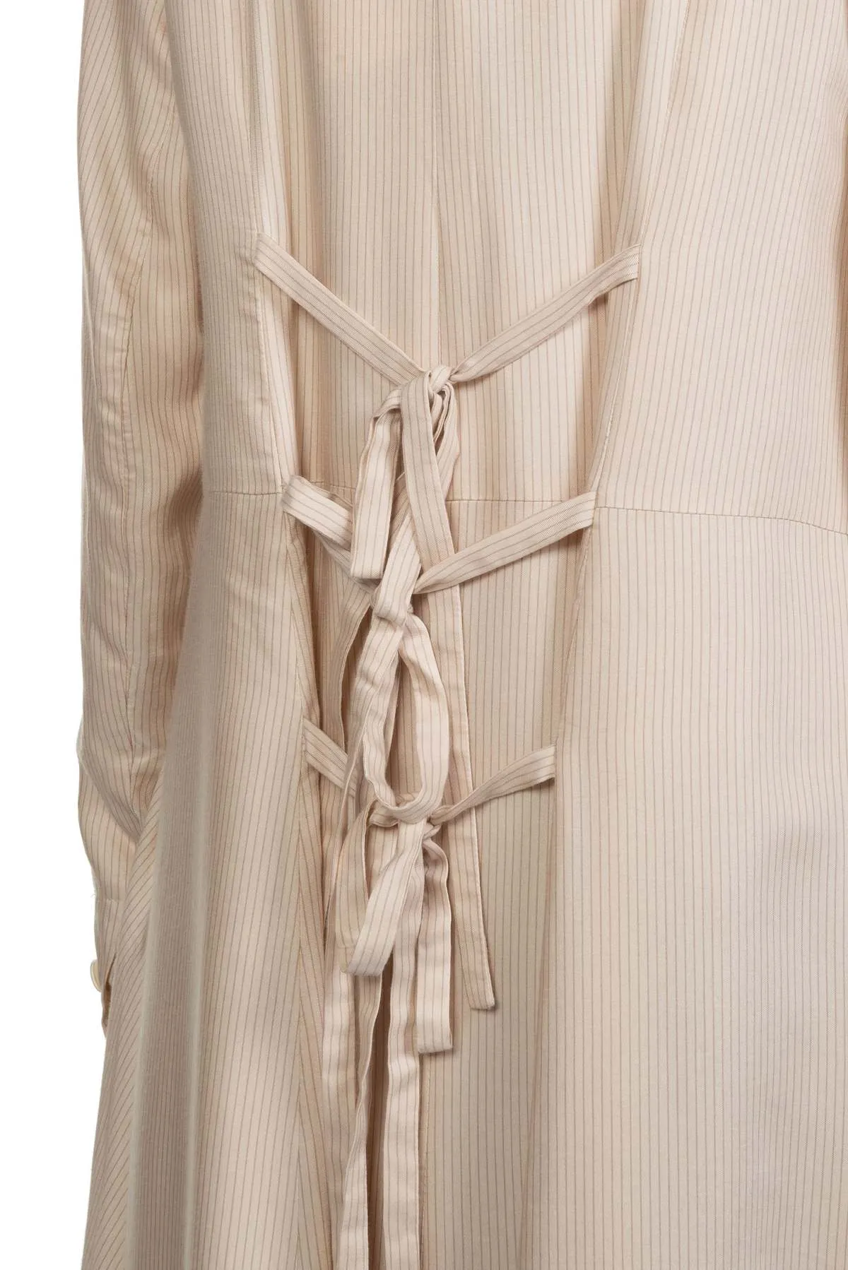 Long Flared Smocking Stripe Coat - Ivory