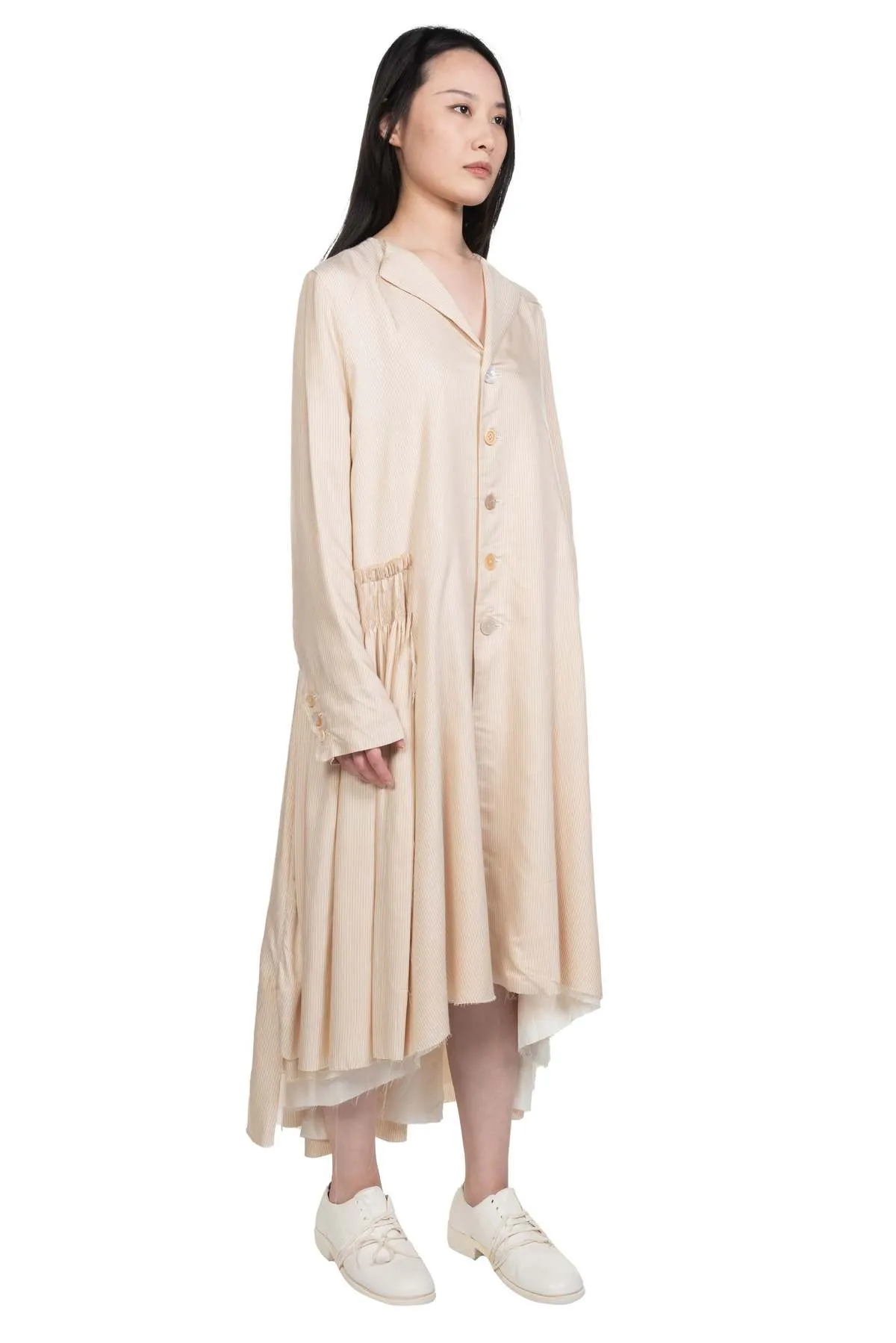 Long Flared Smocking Stripe Coat - Ivory