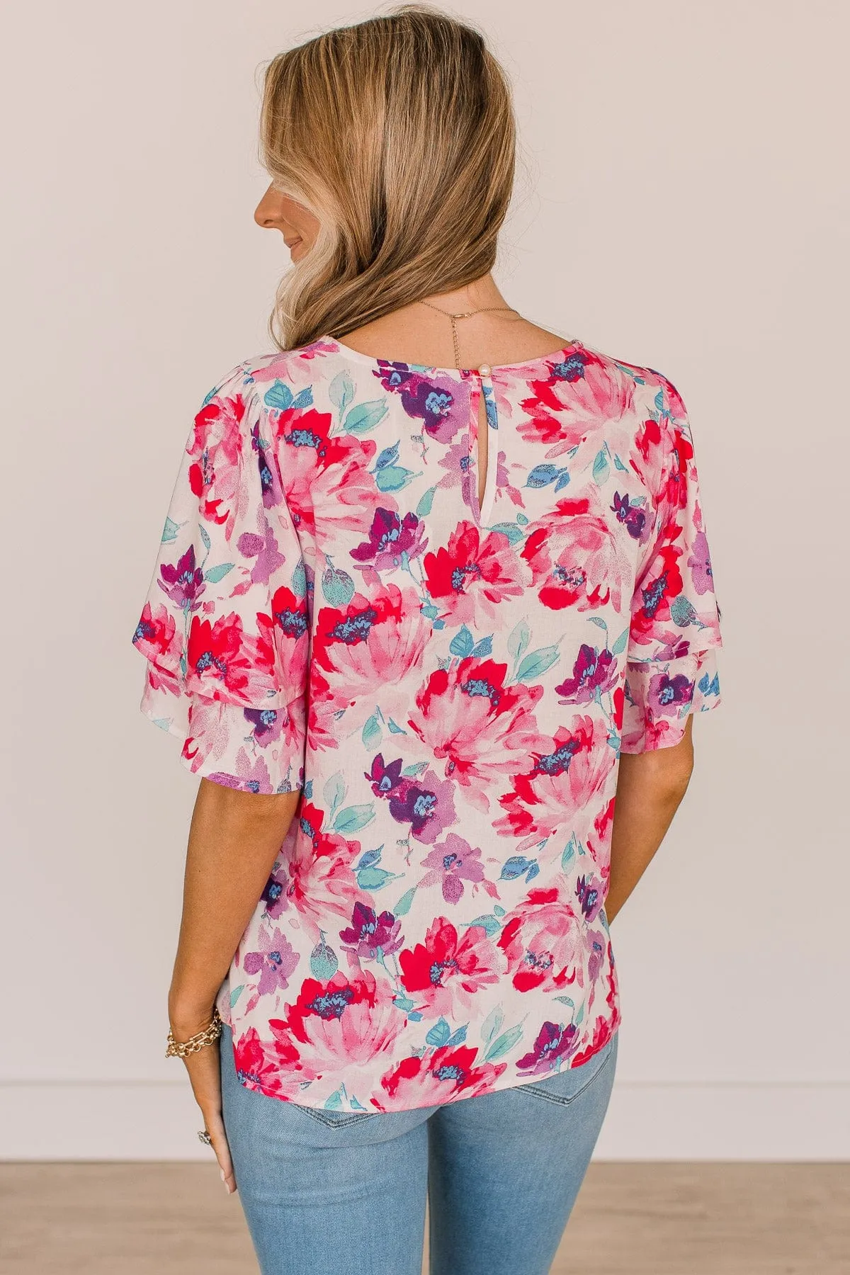 Love You Most Floral Blouse- Ivory, Fuchsia, & Purple