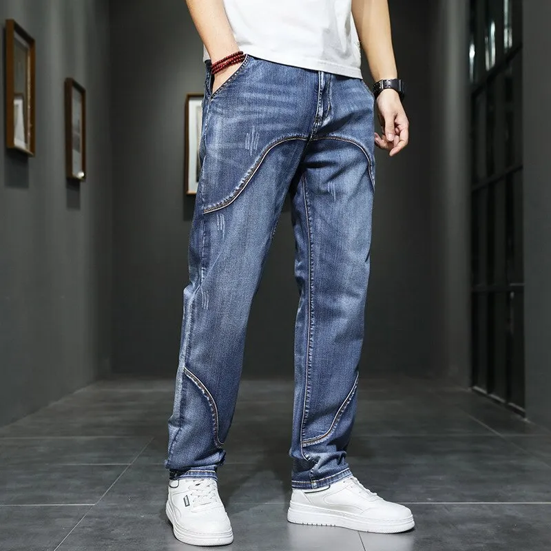 Men's Summer Denim Solid Pattern Mid Waist Loose Straight Leg Jeans