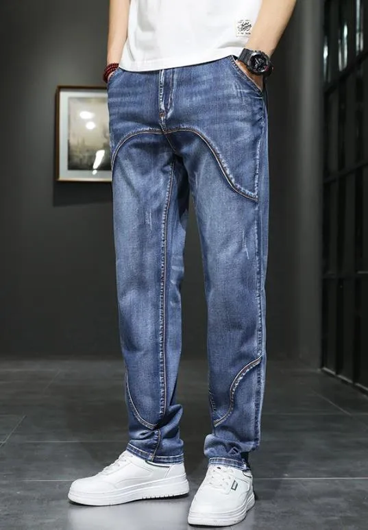 Men's Summer Denim Solid Pattern Mid Waist Loose Straight Leg Jeans