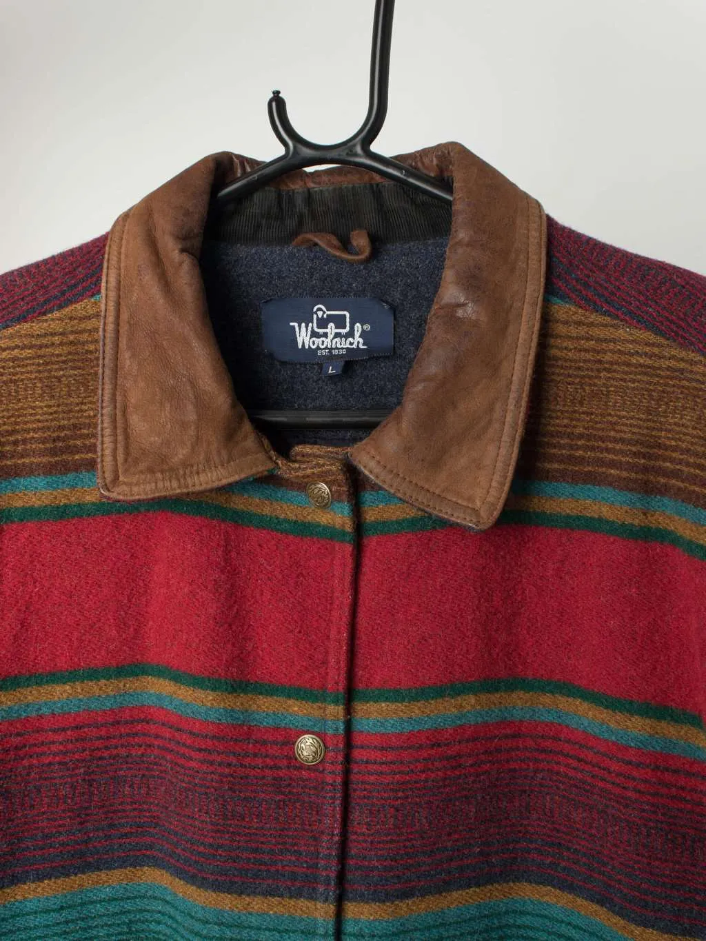 Rare vintage Woolrich blanket coat with leather collar and colourful stripes – Large / XL