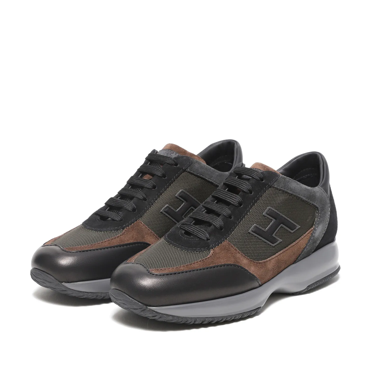 Sneakers Interactive in pelle nera e tessuto tecnico e suede marrone