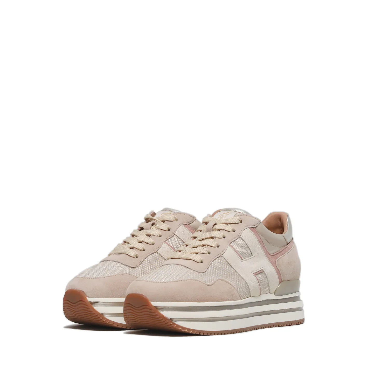 Sneakers Midi Platform in suede beige e tessuto beige dorato