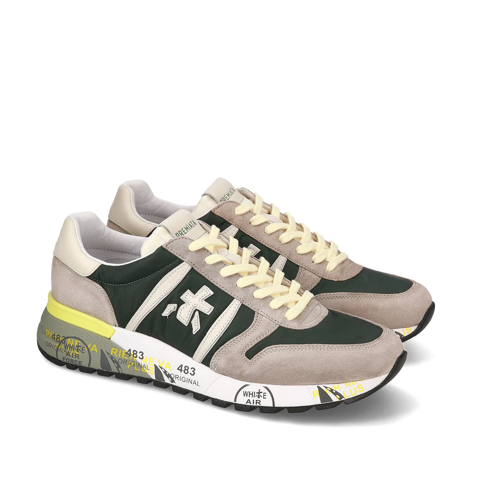 Sneakers Premiata Lander in suede sabbia e tessuto tecnico verdone