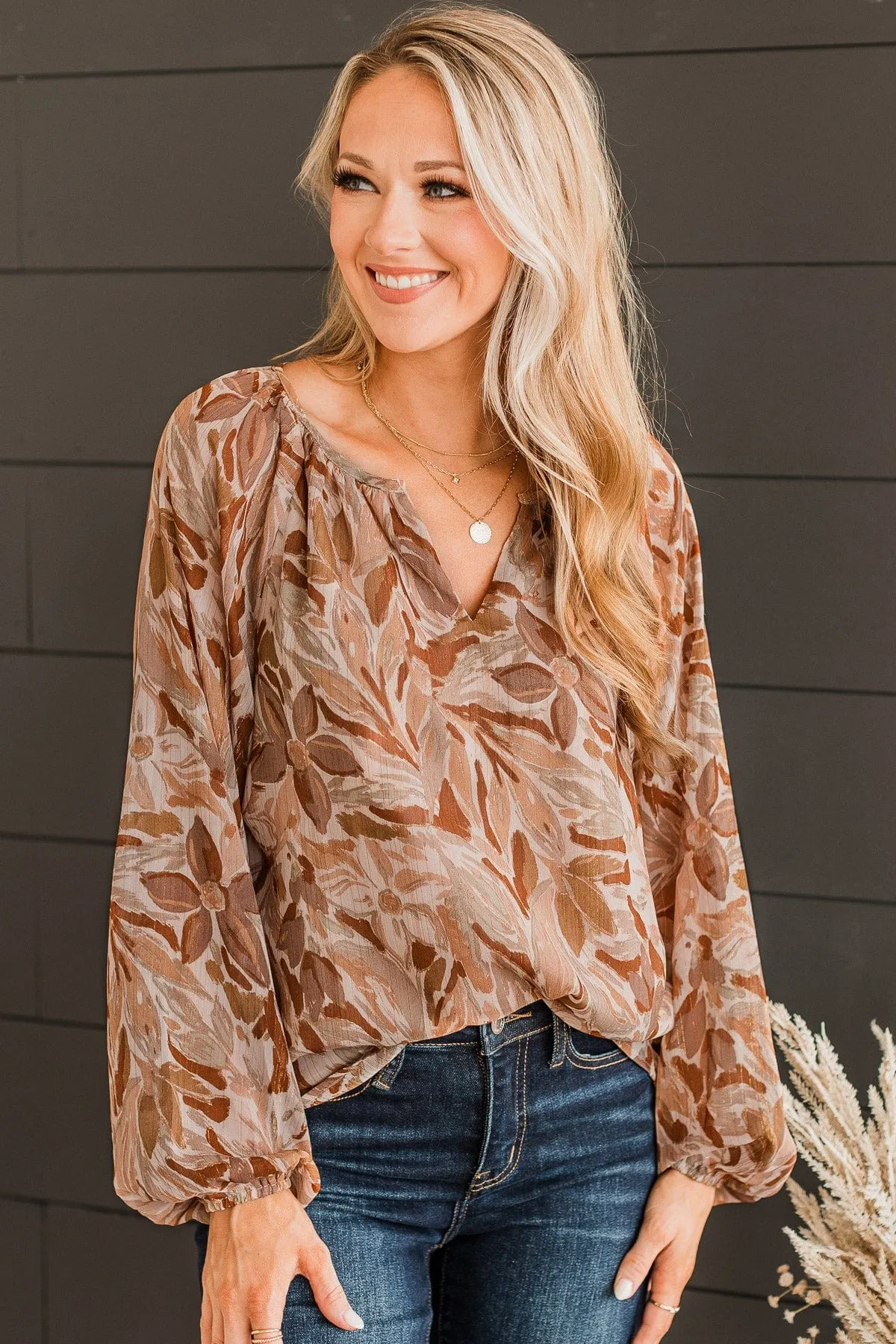 Stay In Love Long Sleeve Blouse- Mocha