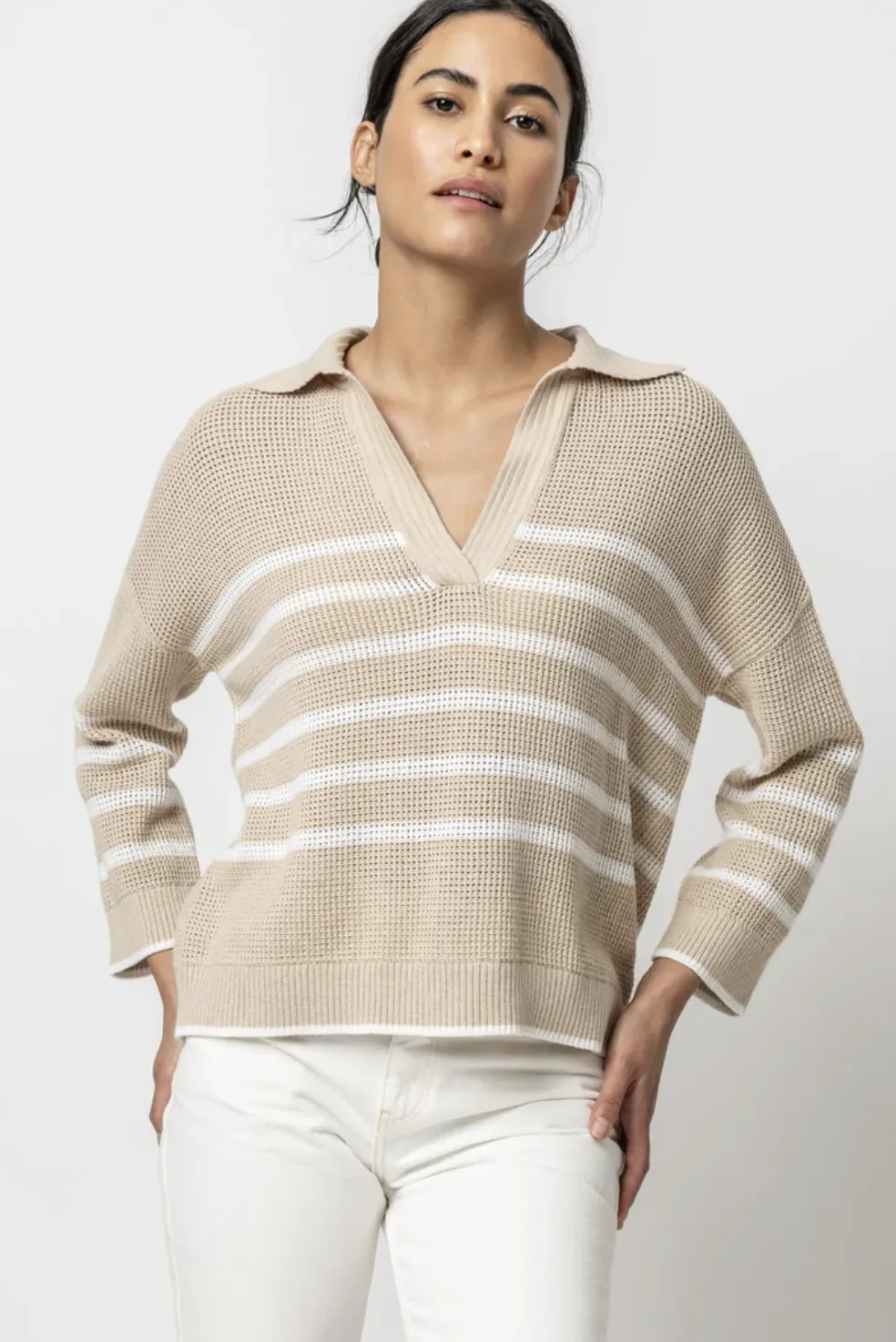 TEXTURED STRIPE POLO SWEATER