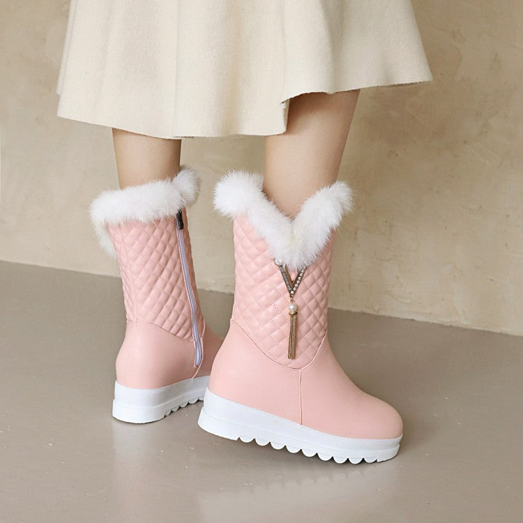 Women's Round Toe Pearls Tassel Furry Side Zippers Platform Wedge Heel Mid-Calf Snow Boots