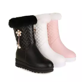 Women's Side Zippers Rhinestone Sunflower Platform Wedge Heel Mid-Calf Snow Boots